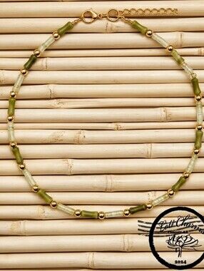 Dainty Green Jade In Bamboo Necklace Choker Gold Plated